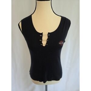 Harley Davidson Black Sleeveless‎ Cut Out Safety Pin Tee Shirt Womens M